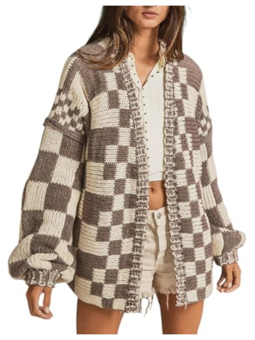 Womens Chunky Cardigan Sweater 100% Acrylic Checkered Open Front